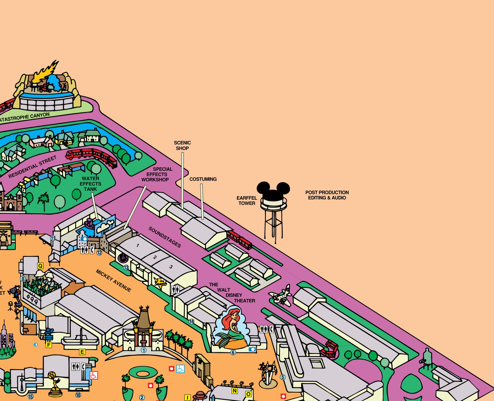 A detail of Disney's own printed guide map to the Disney-MGM Studios. The Earffel Tower -- a water tower wearing Mickey ears -- is drawn and labelled EARFFEL TOWER, beside the soundstages, Mickey Avenue, the Walt Disney Theater and Post Production Editing & Audio.