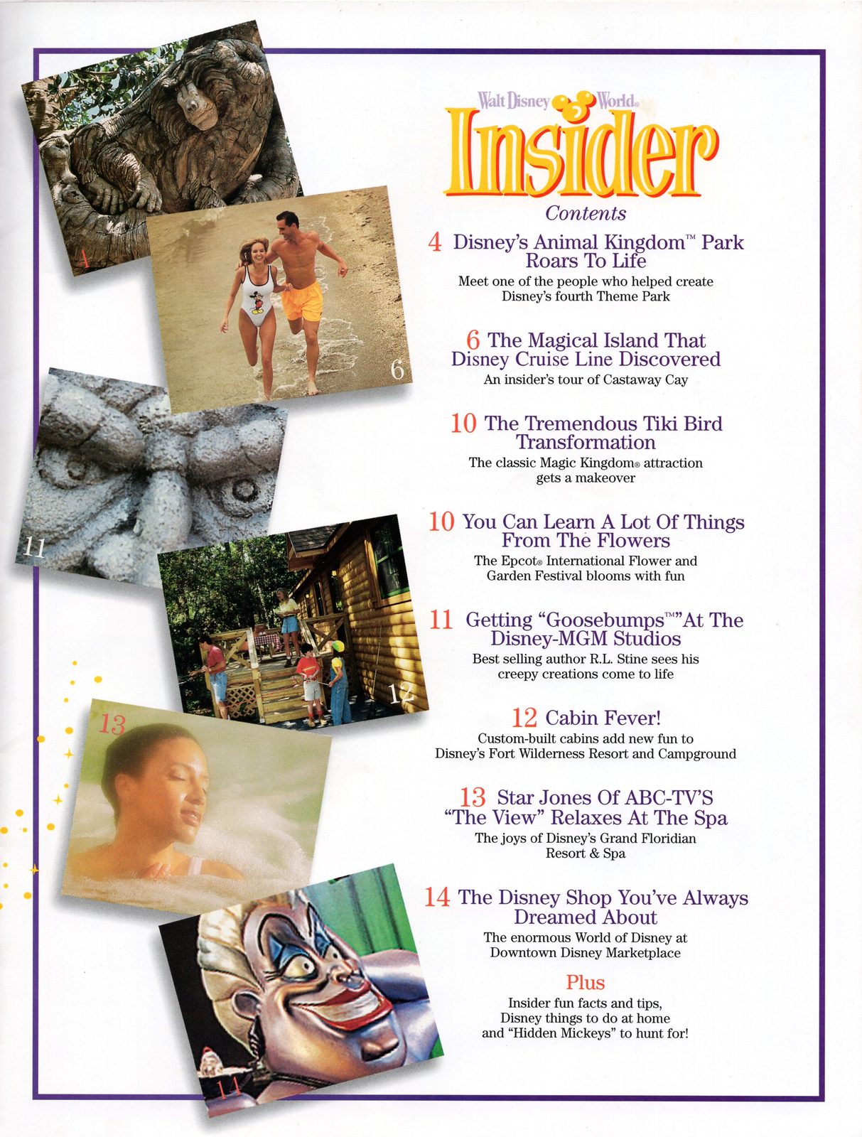 The contents page of a magazine whose masthead reads "Walt Disney World Insider" and carries the Walt Disney World logo. Its "Plus" panel, at the foot of the column, offers insider facts, things to do at home, and Hidden Mickeys to hunt for. The features listed beside it are Disney's Animal Kingdom 