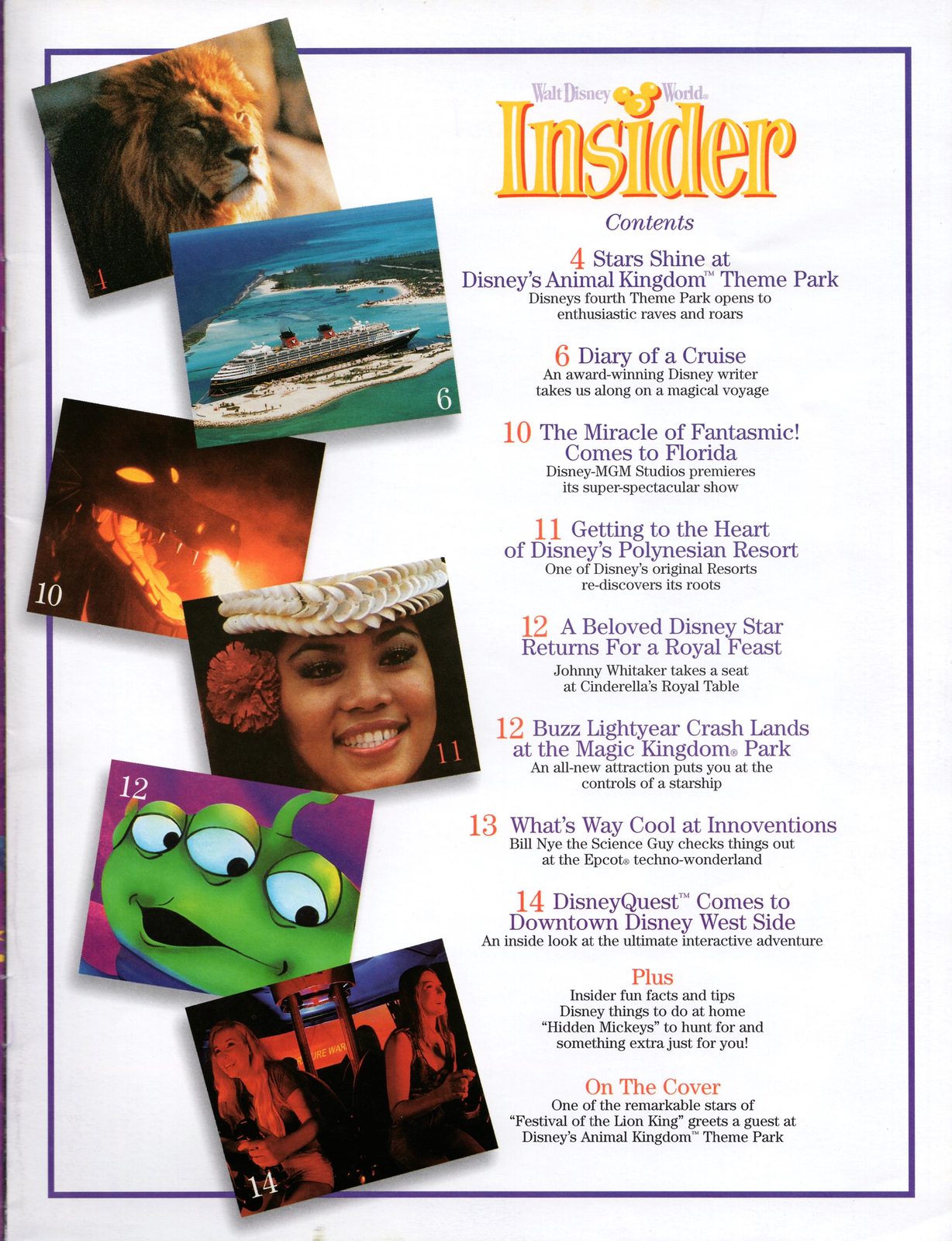 A second contents page under the same "Walt Disney World Insider" masthead, with the same offer in its "Plus" panel. The features listed are Disney's Animal Kingdom opening, a cruise diary, Fantasmic! coming to Florida, the Polynesian Resort, a royal feast at Cinderella's Royal Table, Buzz Lightyear