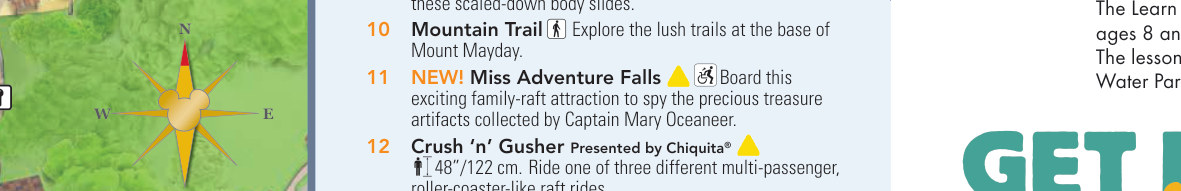 A detail of a water-park guide map at the entry reading "NEW! Miss Adventure Falls", with the sheet's own one-line description of the attraction.