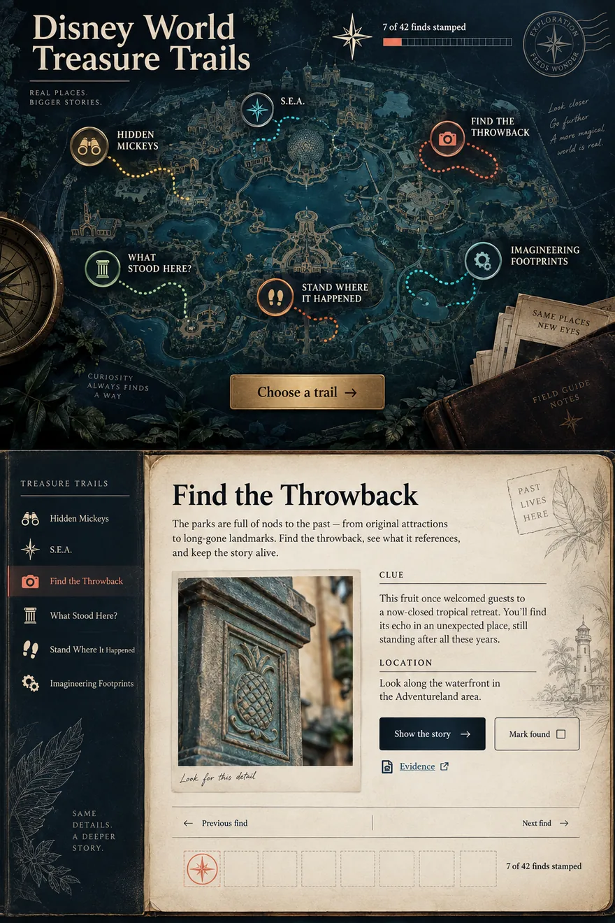 The cover drawn for these trails, and it is two drawings stacked. The top half is an illustrated map: it is drawn rather than surveyed, no route on it is a route at Walt Disney World, and nothing on i