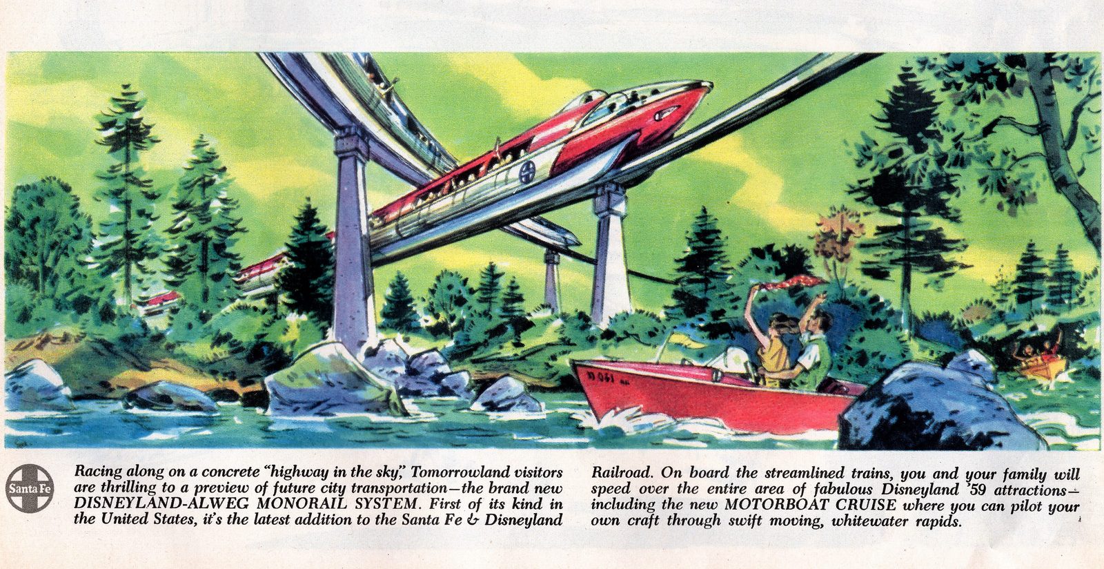 A full-colour period illustration of a straddle-beam monorail train on an elevated beamway. The printed caption below it reads: 'Racing along on a concrete "highway in the sky," Tomorrowland visitors are thrilling to a preview of future city transportation -- the brand new DISNEYLAND-ALWEG MONORAIL