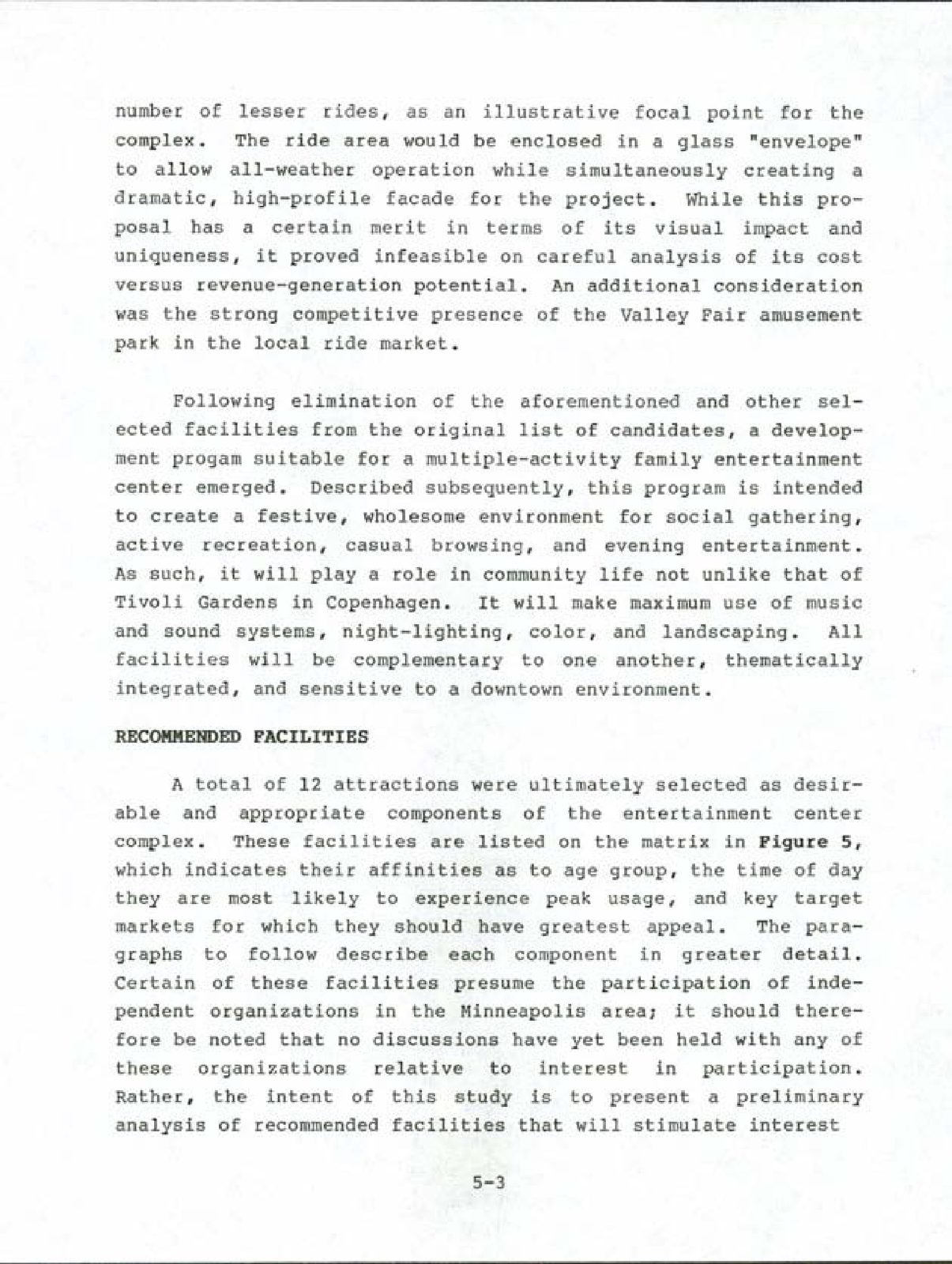 A typed page of a Harrison Price Company market study. The page argues that the proposed entertainment centre should 'play a role in community life not unlike that of Tivoli Gardens in Copenhagen', and names music and sound systems, night-lighting, colour and landscaping as the means.